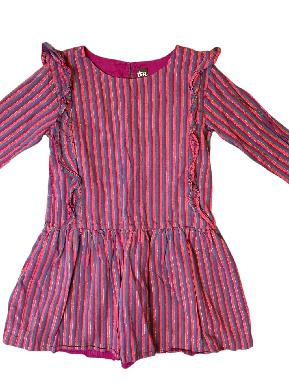 Tea Collection A-Line Dress 10 Pink Blue Striped Ruffle Party Feminine Preppy